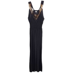 Black Sleeveless High Waist Maxi Dress Crocheted Gold Sequinned V-neck Size L